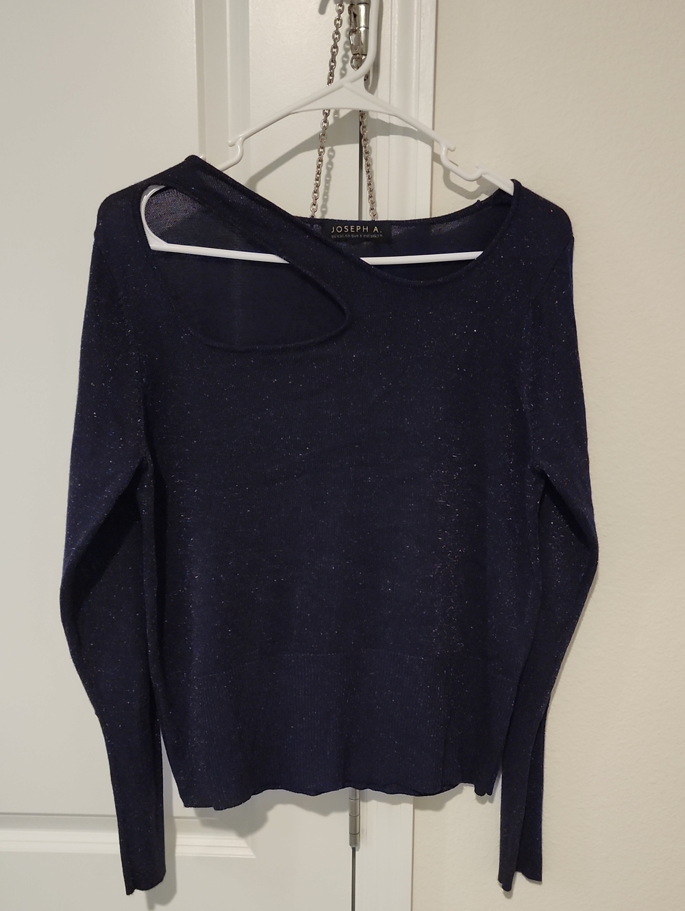 Joseph A Navy Asymmetric Crewneck Sweater with Subtle Sparkle